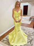 V Neck Two Pieces Mermaid Yellow Lace Satin Prom Dresses LBQ2134